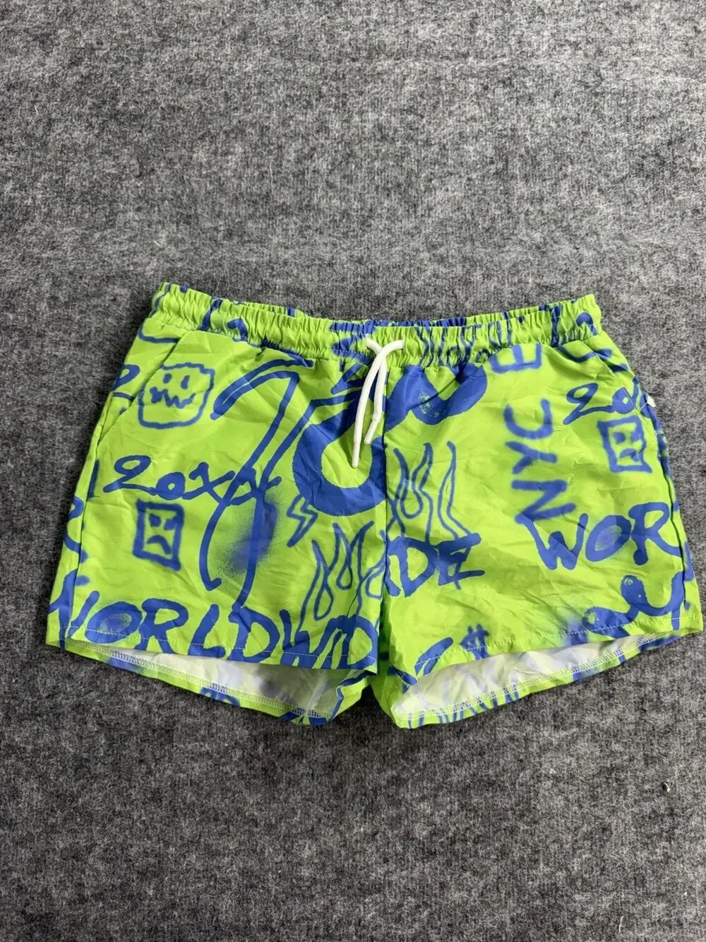 Bohooman Swim Shorts Mens Medium Trunks Lime Green Graffiti Mesh Lined N46